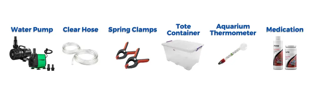 KaveMan Aquatics - Refill Your Aquarium list of things you’ll need: water pump, clear hose, spring clamps, tote container, aquarium thermometer, medication