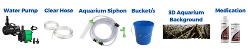 List of materials needed to install a 3D aquarium background: water pump, clear hose, aquarium siphon, bucket, aquarium background, medication 