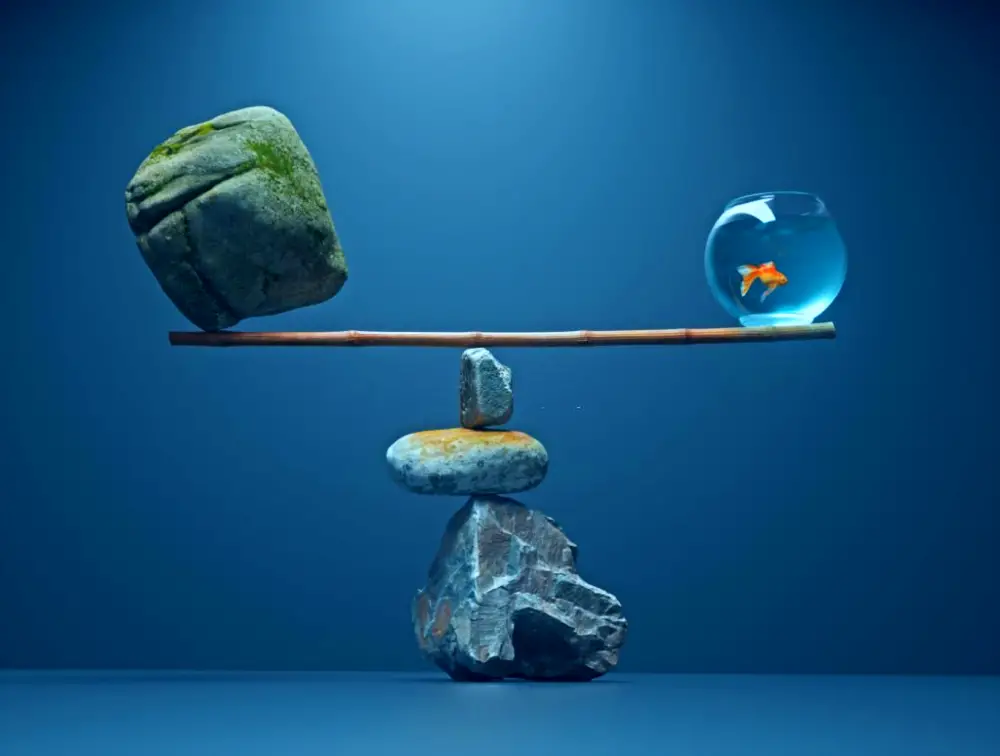 Aquarium Bioload — 3D rendered image showing the balance between a large rock and a goldfish bowl with a blue background