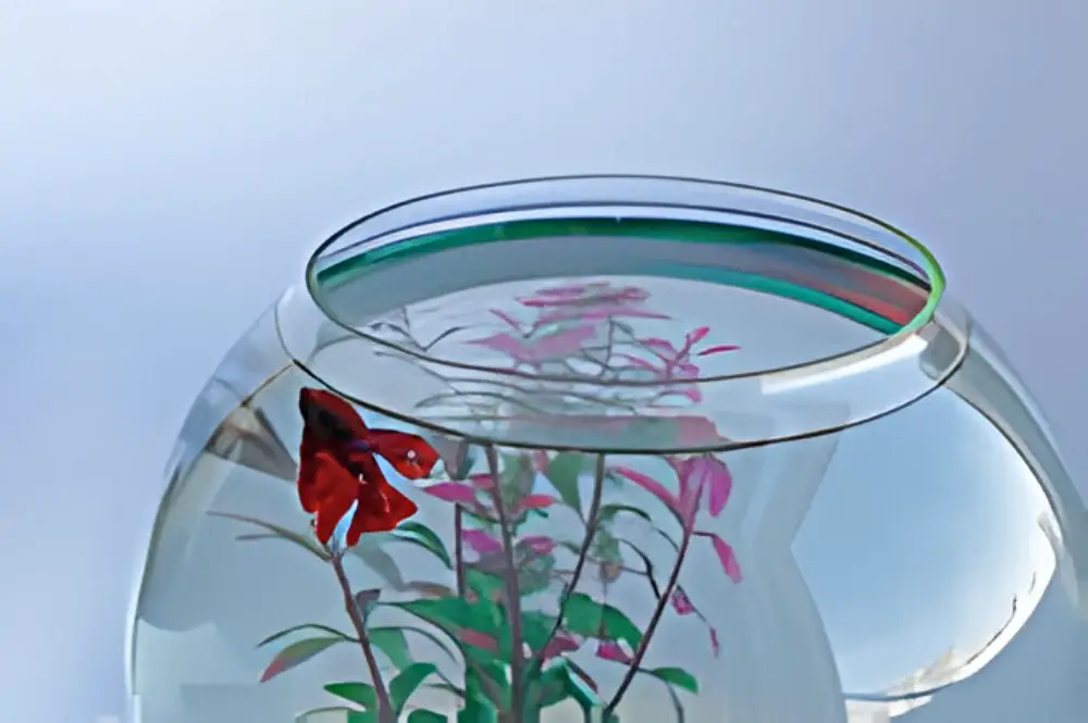 A small fish bowl with a fish in it. 