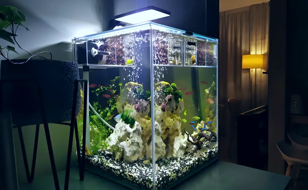 Nano Aquariums — A nano aquarium with a plant in a living dimly lit room (Photo by Dmitry Koshelev) 