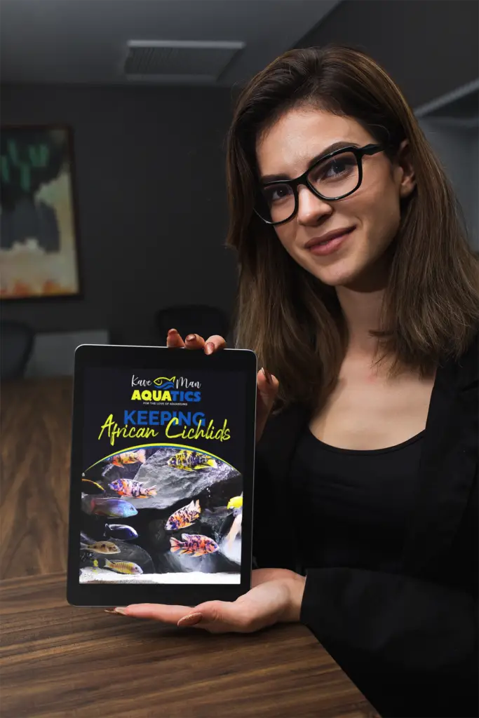 Woman holding ipad displaying keeping african cichlids online course