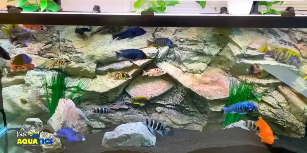 How Big Do African Cichlids Get — KaveMan Aquatics home tank filled with various species of African cichlids